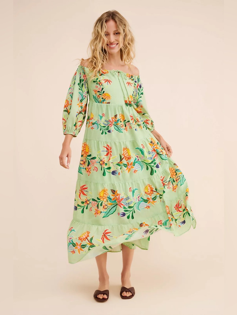 Farm Rio Off-the-Shoulder Tiered Floral Midi Dress MP